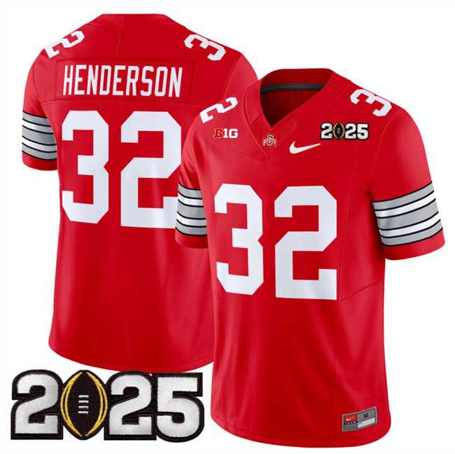 Mens Ohio State Buckeyes #32 TreVeyon Henderson Red 2025 CFP Final Patch F.U.S.E. Vapor Limited Stitched Football Jersey